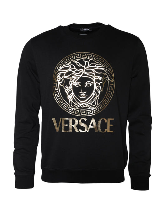 Schwarzer Medusa-Sweatshirtpullover aus Fleece-Baumwolle mit Rundhalsausschnitt