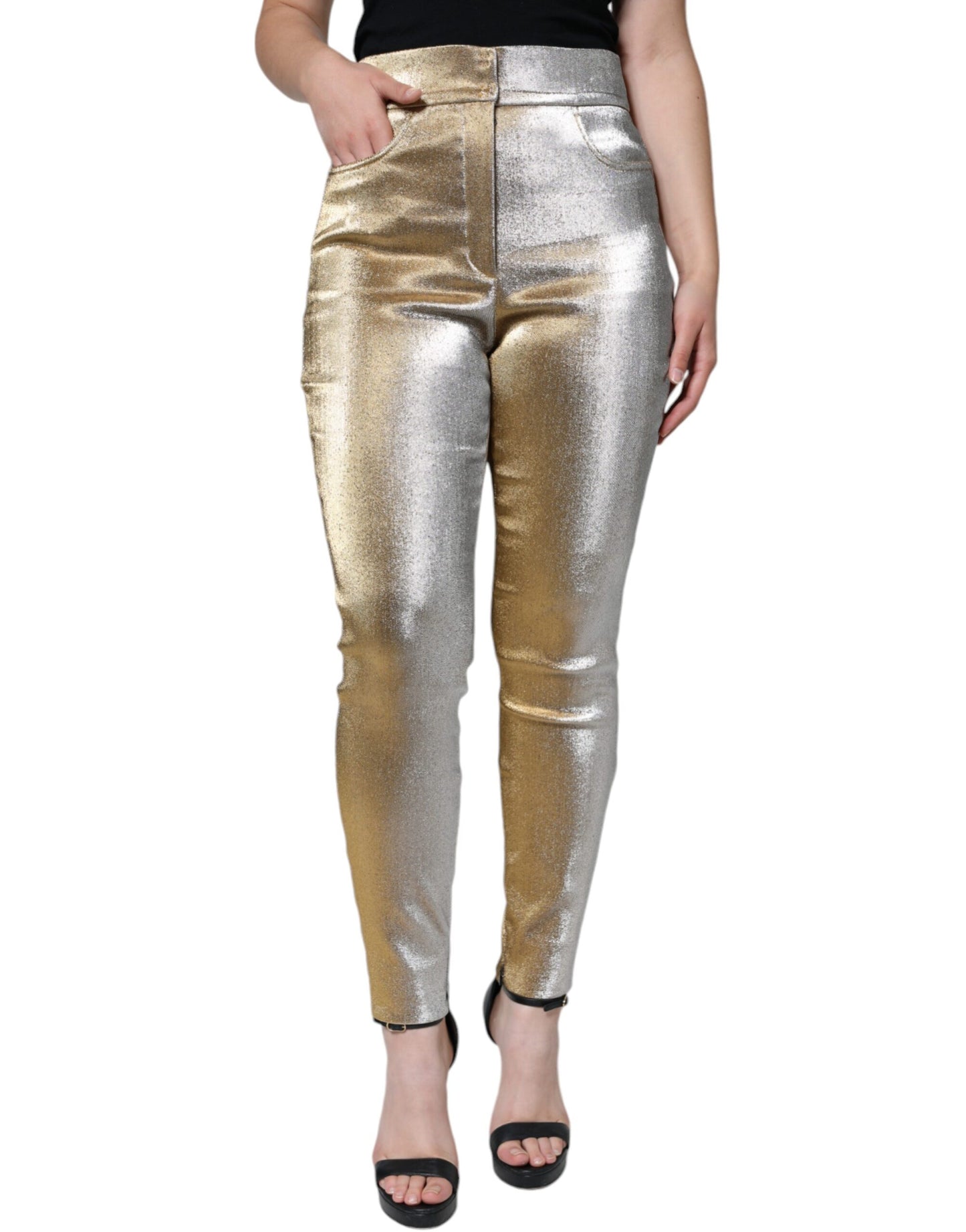 Pantalones pitillo de cintura alta con acabado dorado metalizado