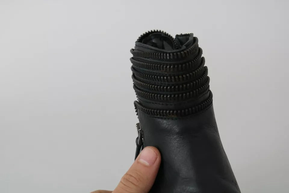 Black Leather Zipper Ankle Boots Shoes