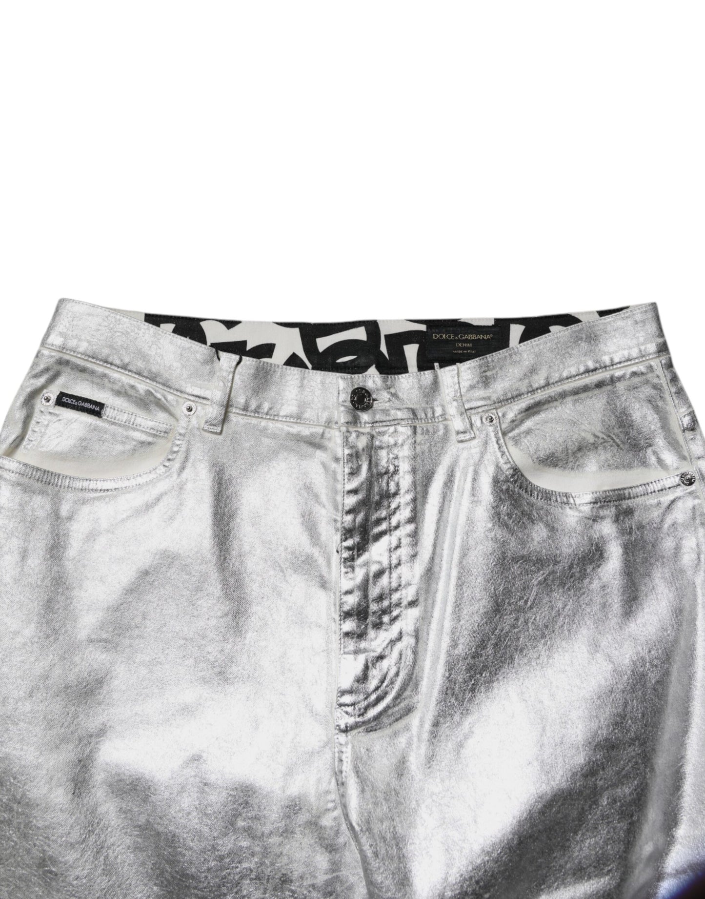 Metallic Silver Cotton Straight Denim Jeans