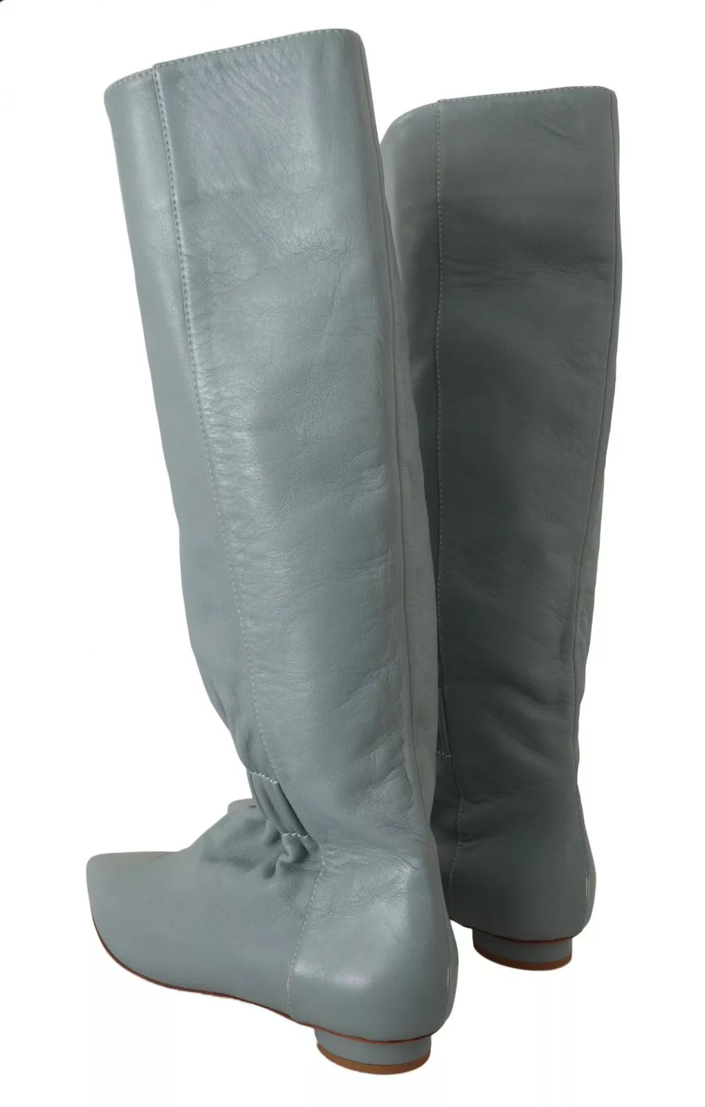 Blue Leather Elastic Flats Pull On Knee High Boots Shoes
