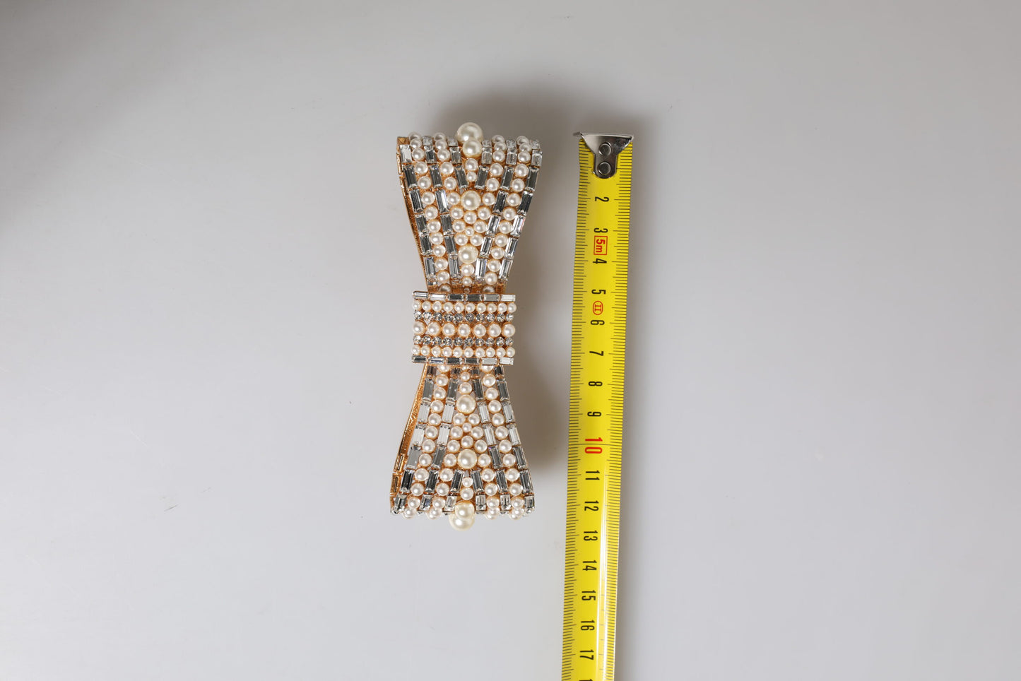 Gold Tone Brass Bow Crystal FauxPearl Embellished Brooch