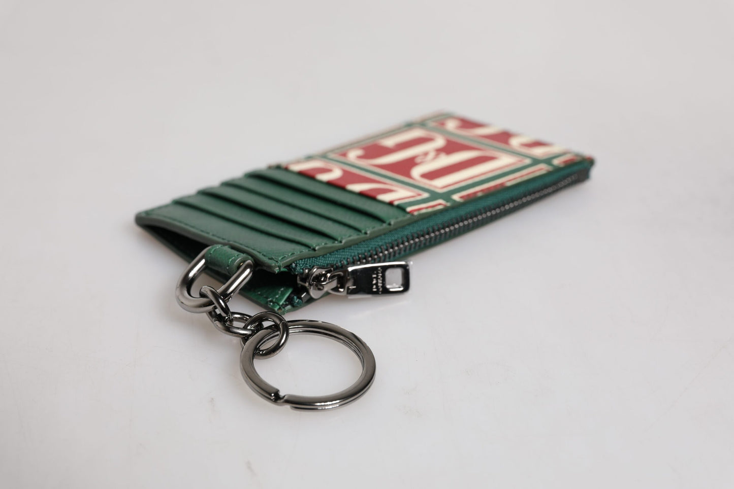 Green Calf Leather Logo Print Monogram Card Holder Wallet