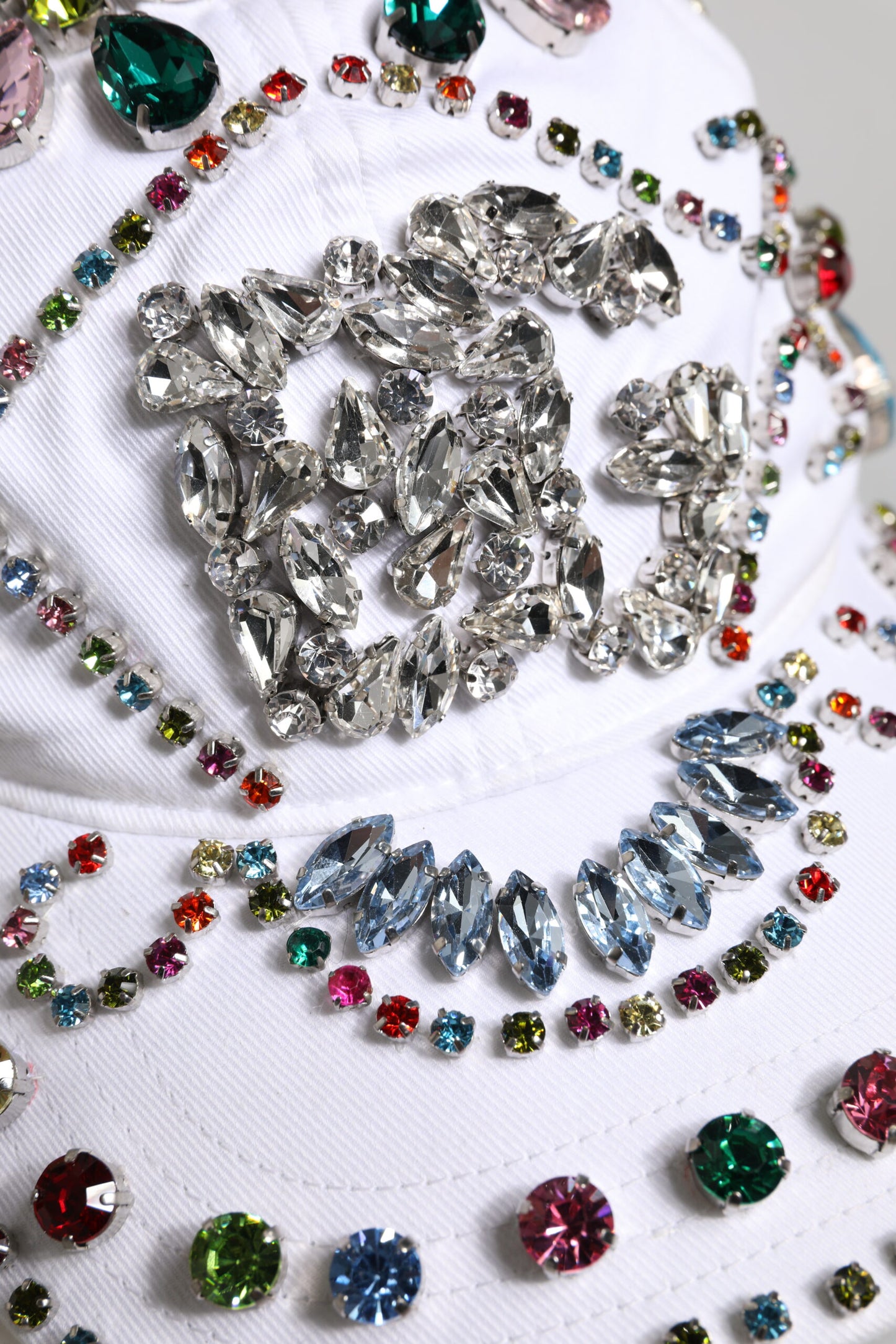 White Multicolor Crystal Embellish Baseball Cap