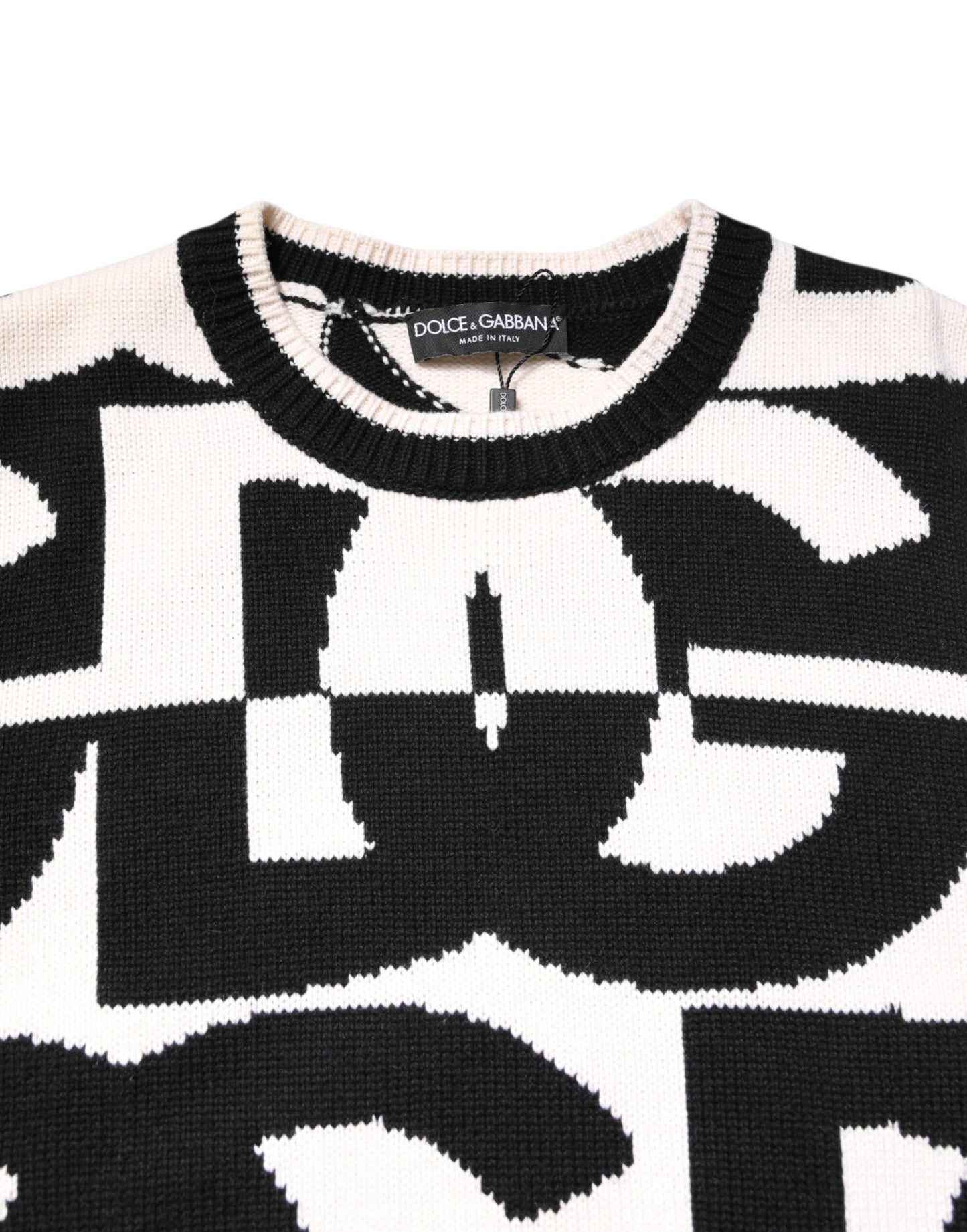 Black White Knit Logo Print Pullover Sweater