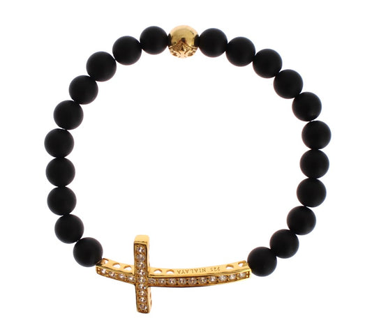 Pulsera elegante con cruz de diamantes y cuentas de ónix mate
