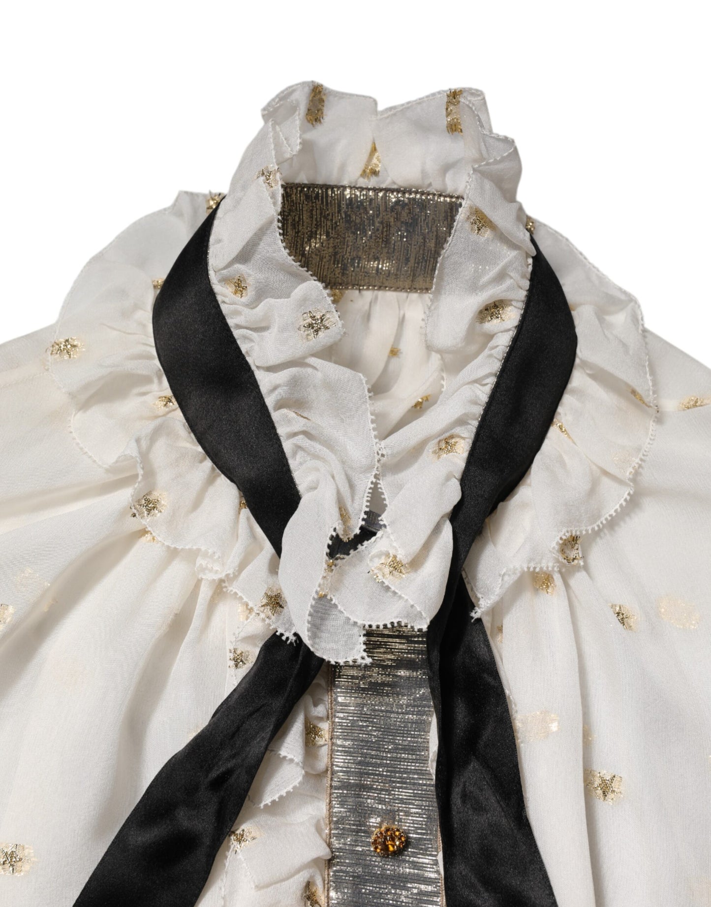 White Black Silk Long Sleeve Ascot Collar Top