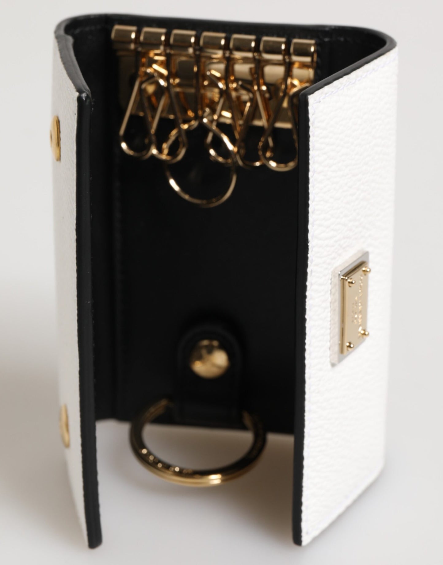 White Leather Card Case Holder Wallet Gold Logo Plate Key Holder