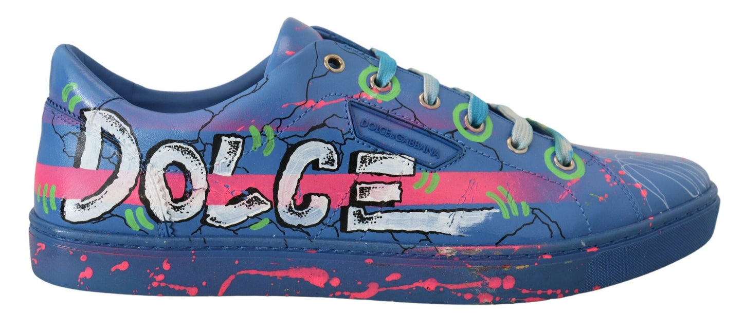 Handbemalte blaue Low Top Sneakers aus Leder