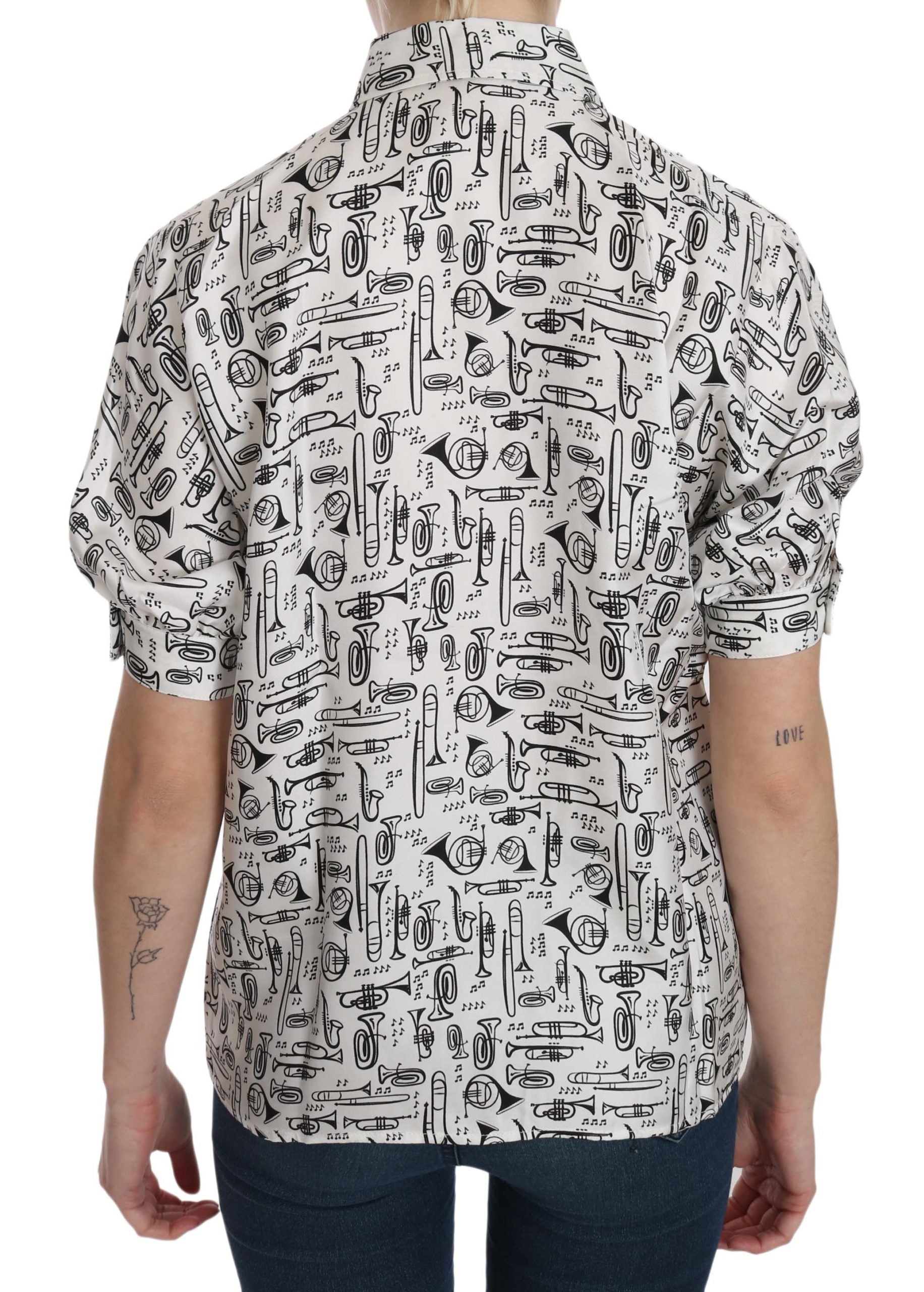 Musical Instrument Print Silk Collared Top