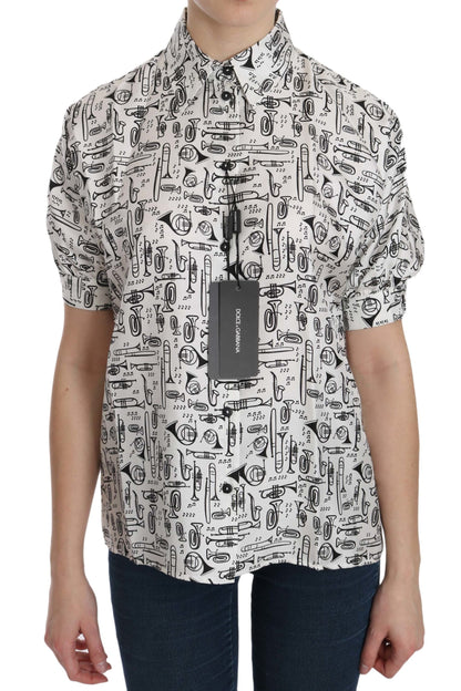 Musical Instrument Print Silk Collared Top