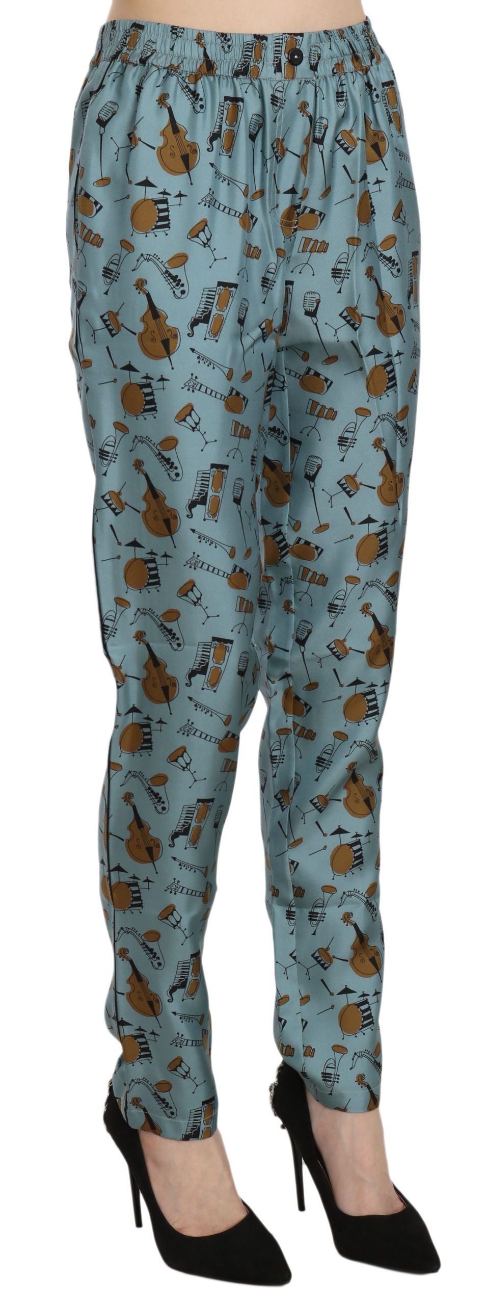 Kegelförmige Seidenhose mit hoher Taille und blauem Print