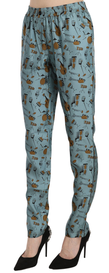 Kegelförmige Seidenhose mit hoher Taille und blauem Print