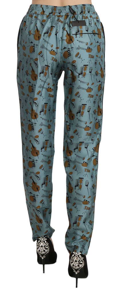 Kegelförmige Seidenhose mit hoher Taille und blauem Print