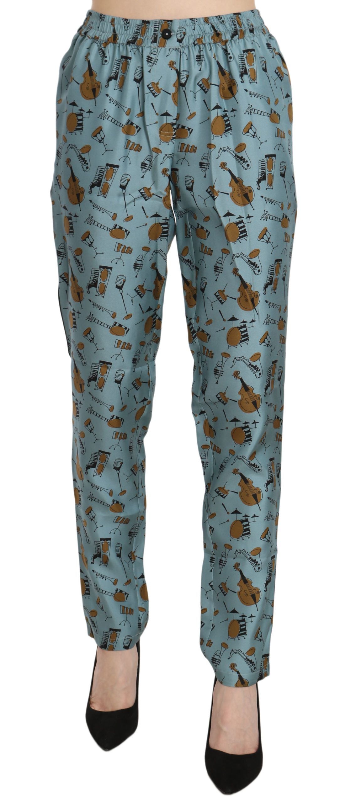 Kegelförmige Seidenhose mit hoher Taille und blauem Print