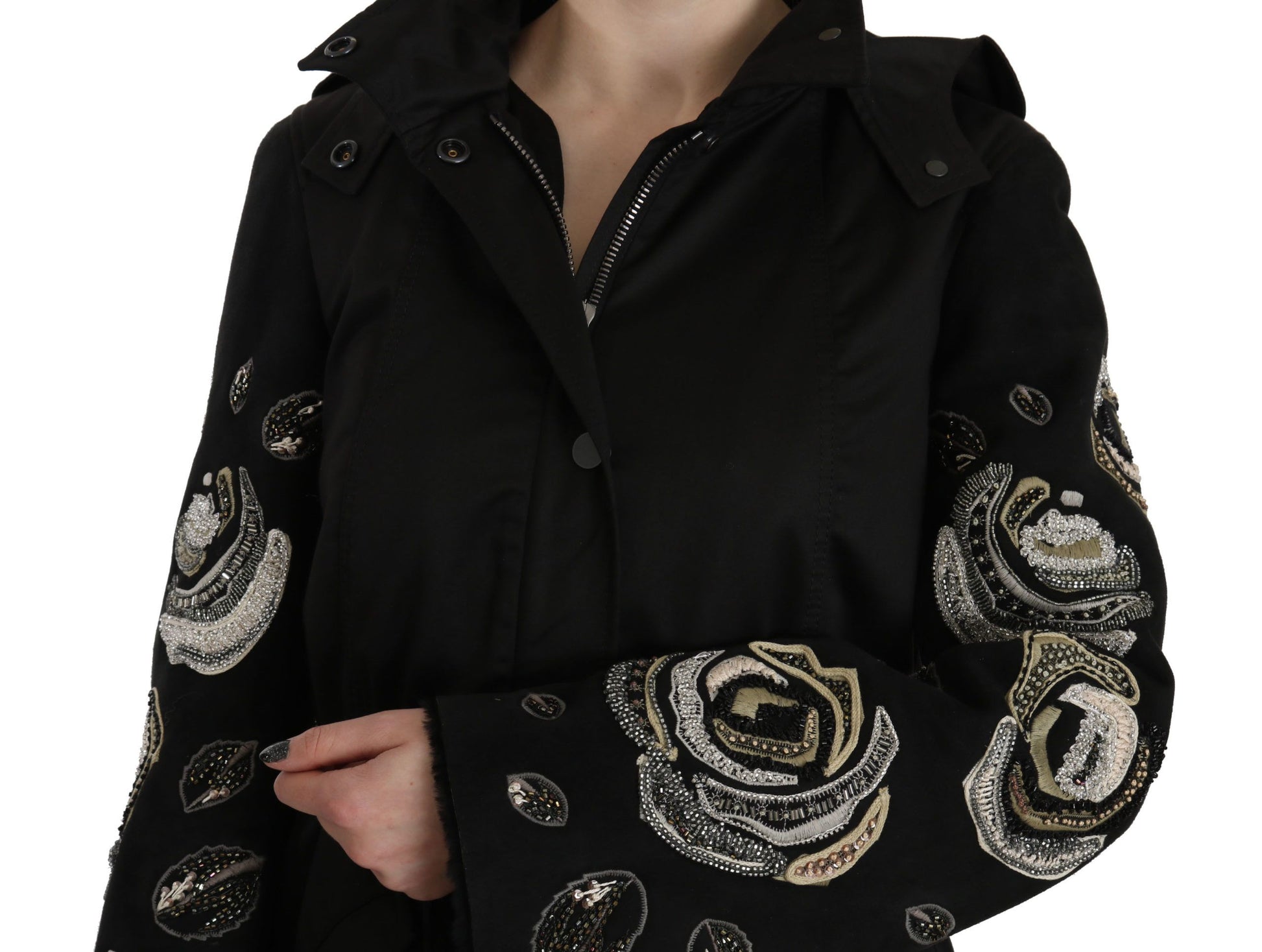 Elegante schwarze Parkajacke mit Perlen für Damen