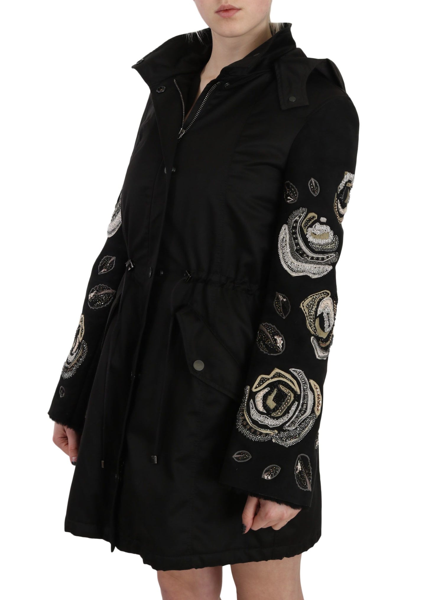 Elegante schwarze Parkajacke mit Perlen für Damen