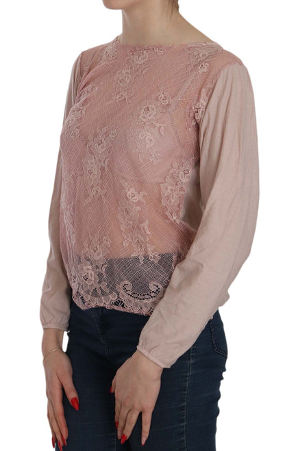 Elegante blusa de encaje rosa con escote barco