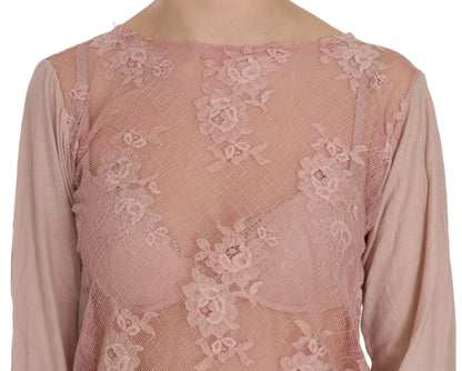 Elegante blusa de encaje rosa con escote barco