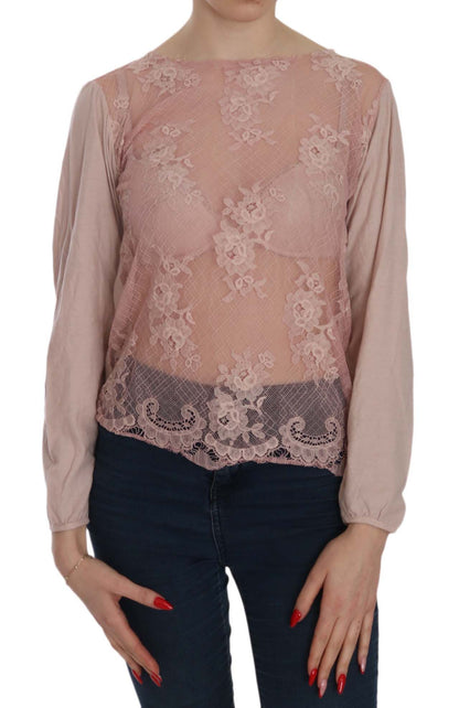 Elegante blusa de encaje rosa con escote barco