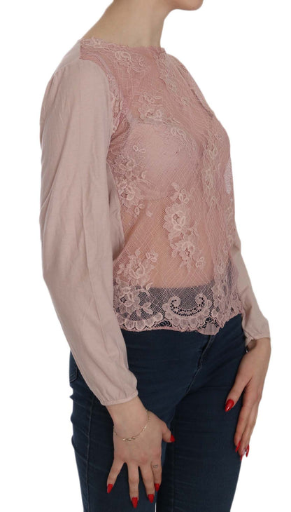 Elegante blusa de encaje rosa con escote barco