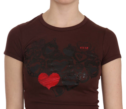 Blusa elegante de cuello redondo con estampado de corazones marrones