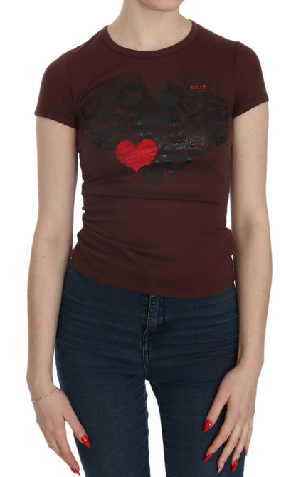 Blusa elegante de cuello redondo con estampado de corazones marrones