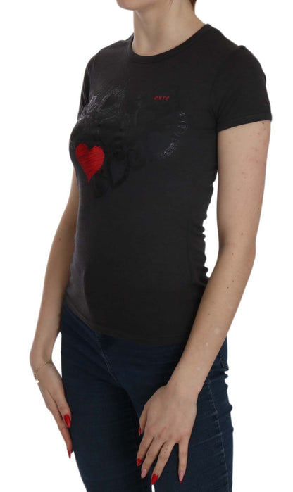 Blusa de cuello redondo con estampado de corazones negros