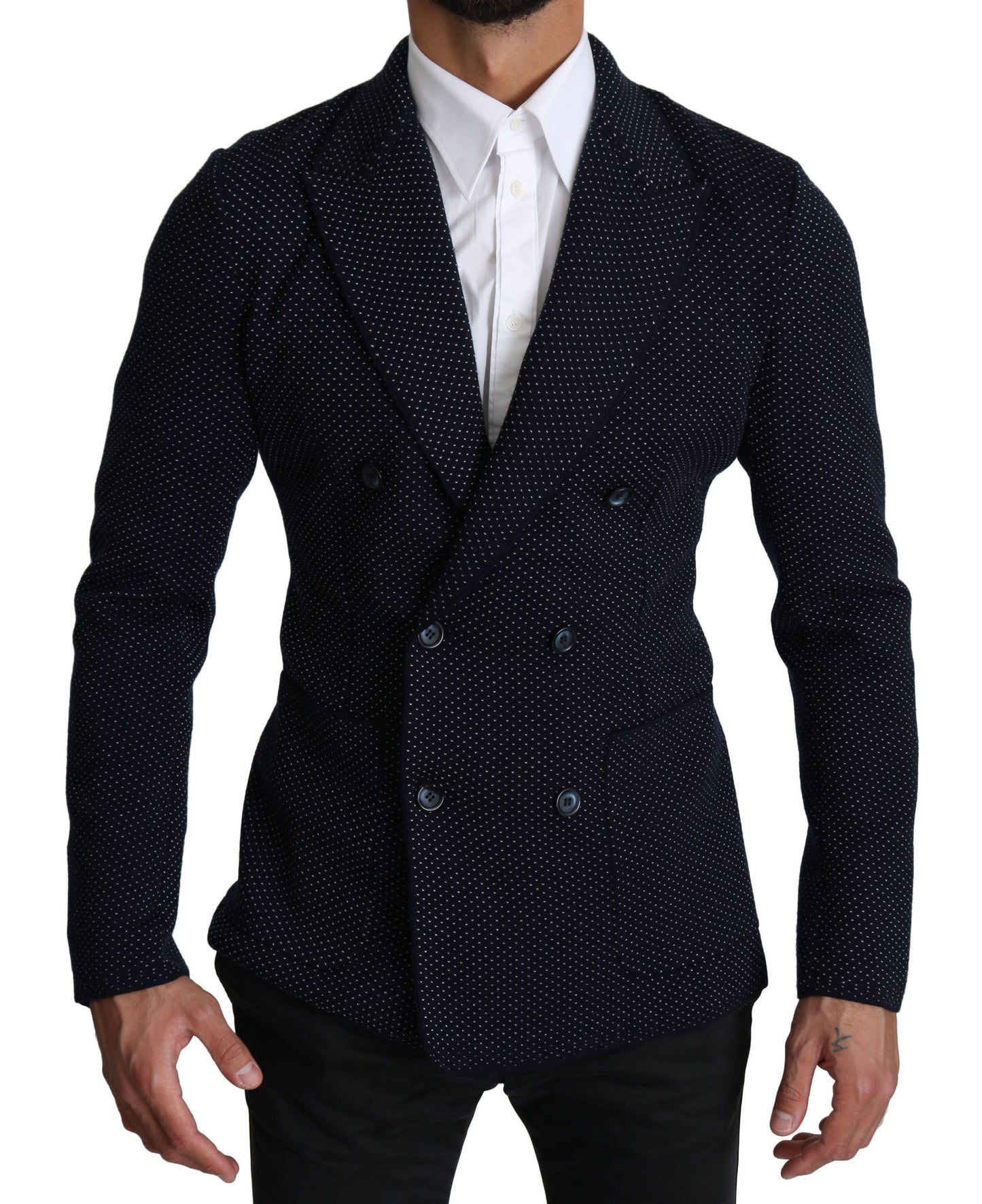 Elegante blazer ajustado con lunares en azul oscuro