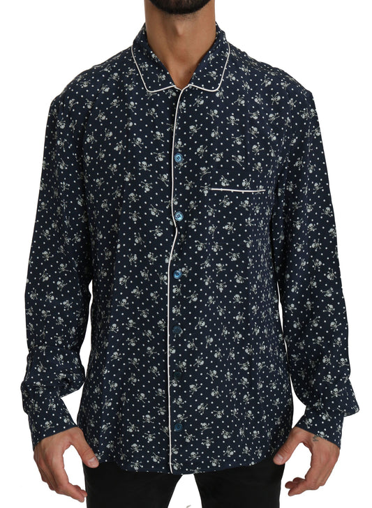 Seidige Eleganz: Blaues Lounge-Shirt mit Totenkopf-Print