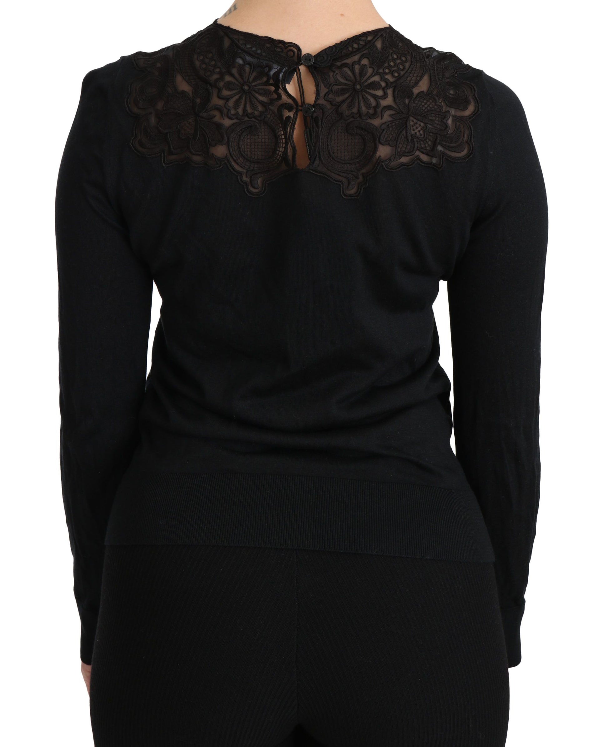 Elegante blusa de encaje negro en mezcla de seda