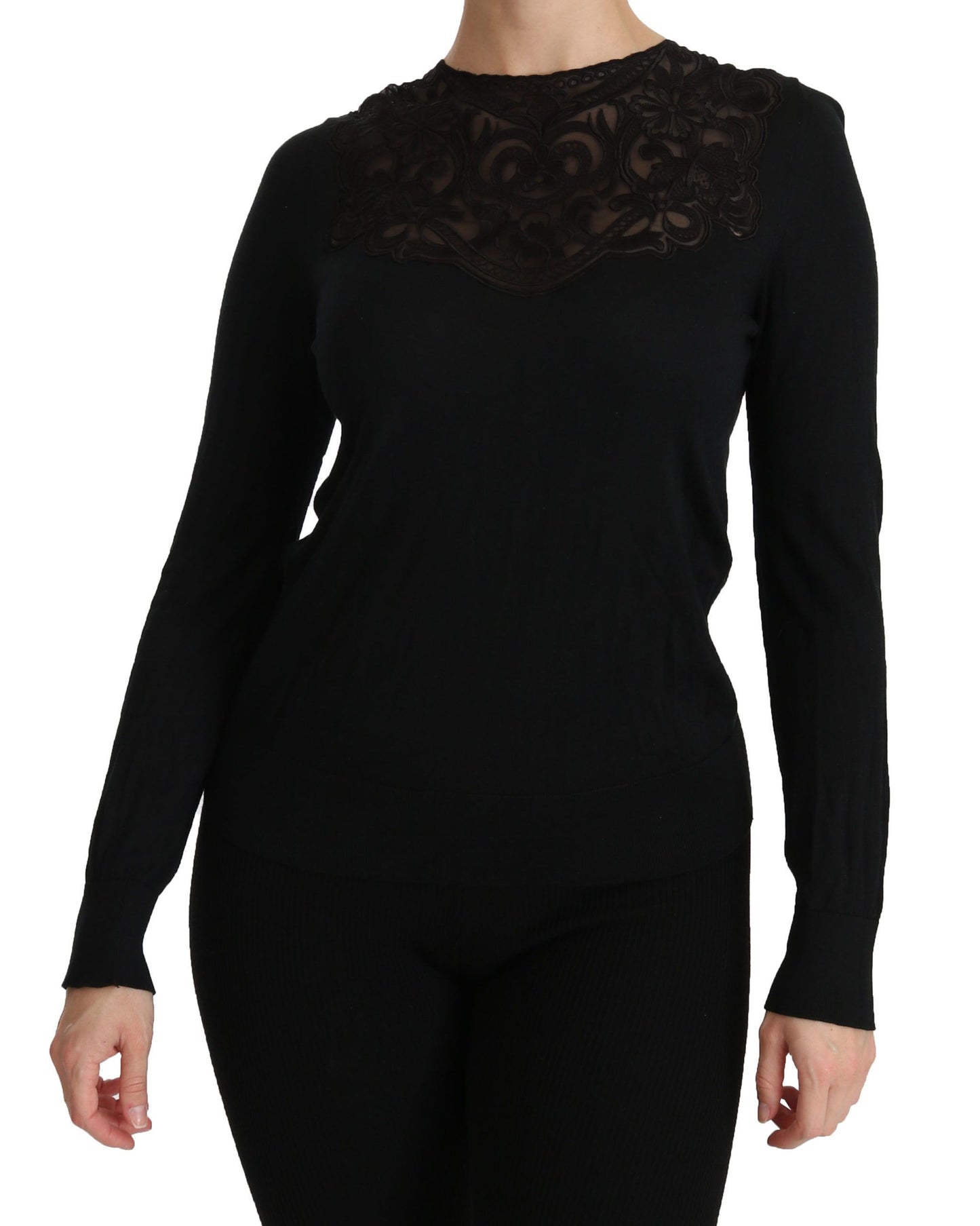 Elegante blusa de encaje negro en mezcla de seda