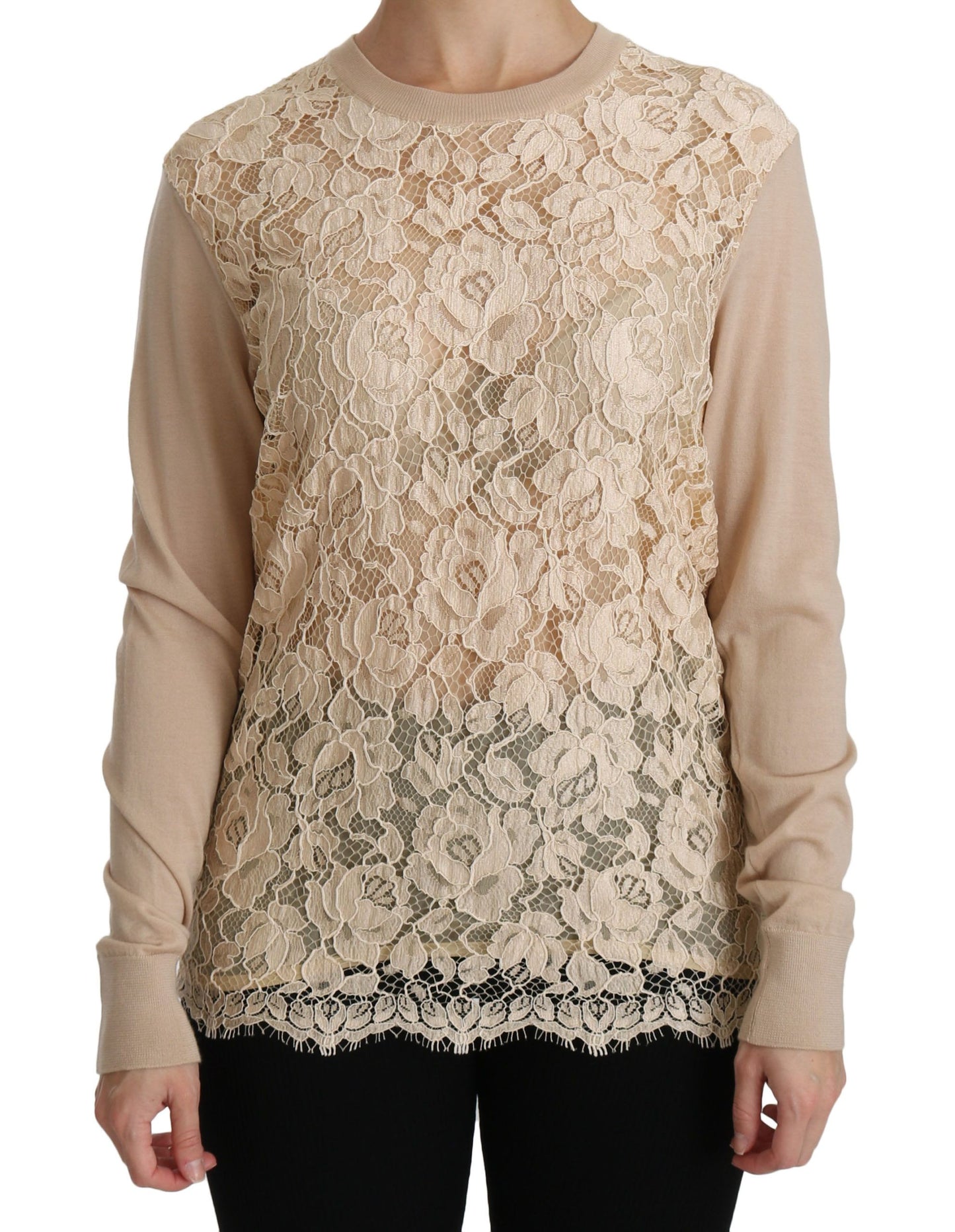 Elegante blusa de cachemira con cuello redondo y encaje beige