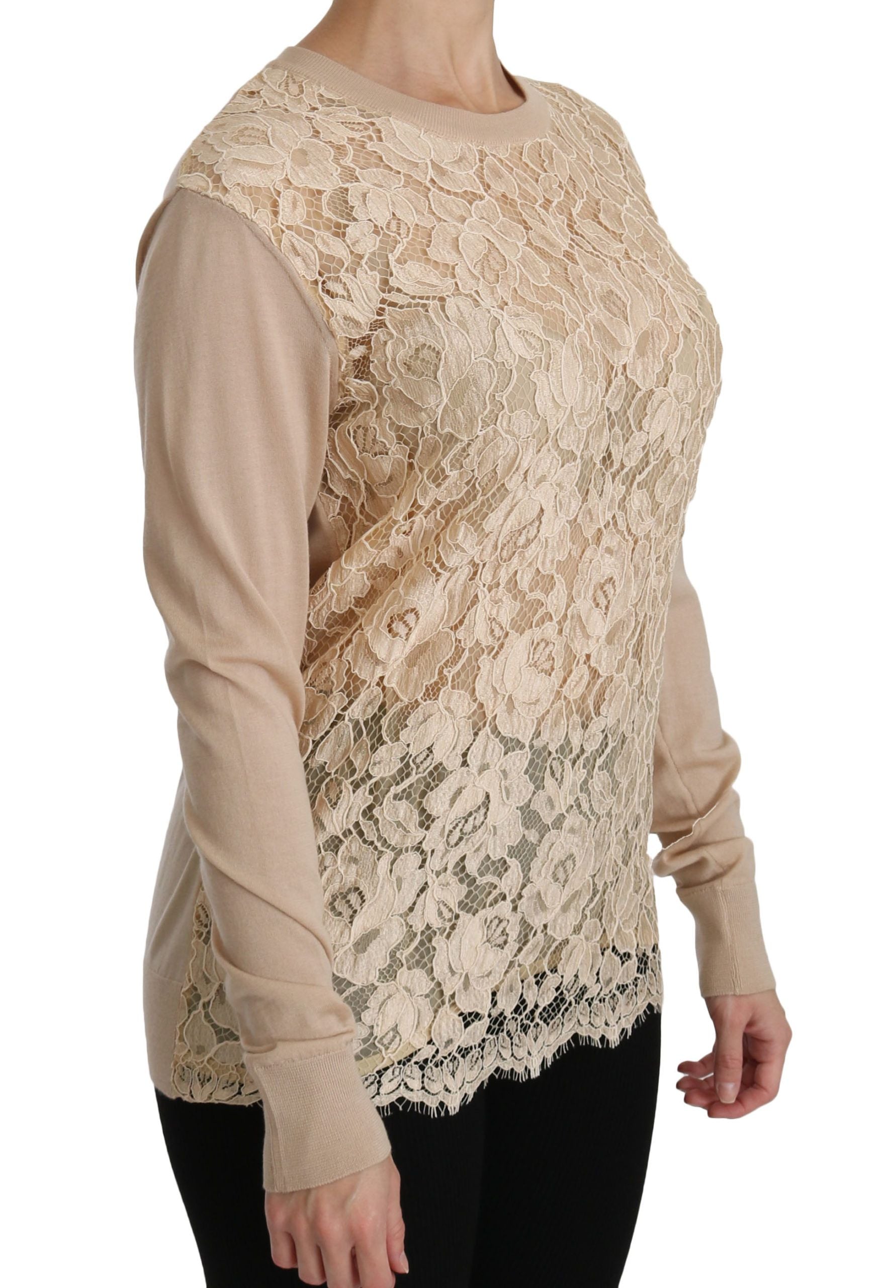 Elegante blusa de cachemira con cuello redondo y encaje beige