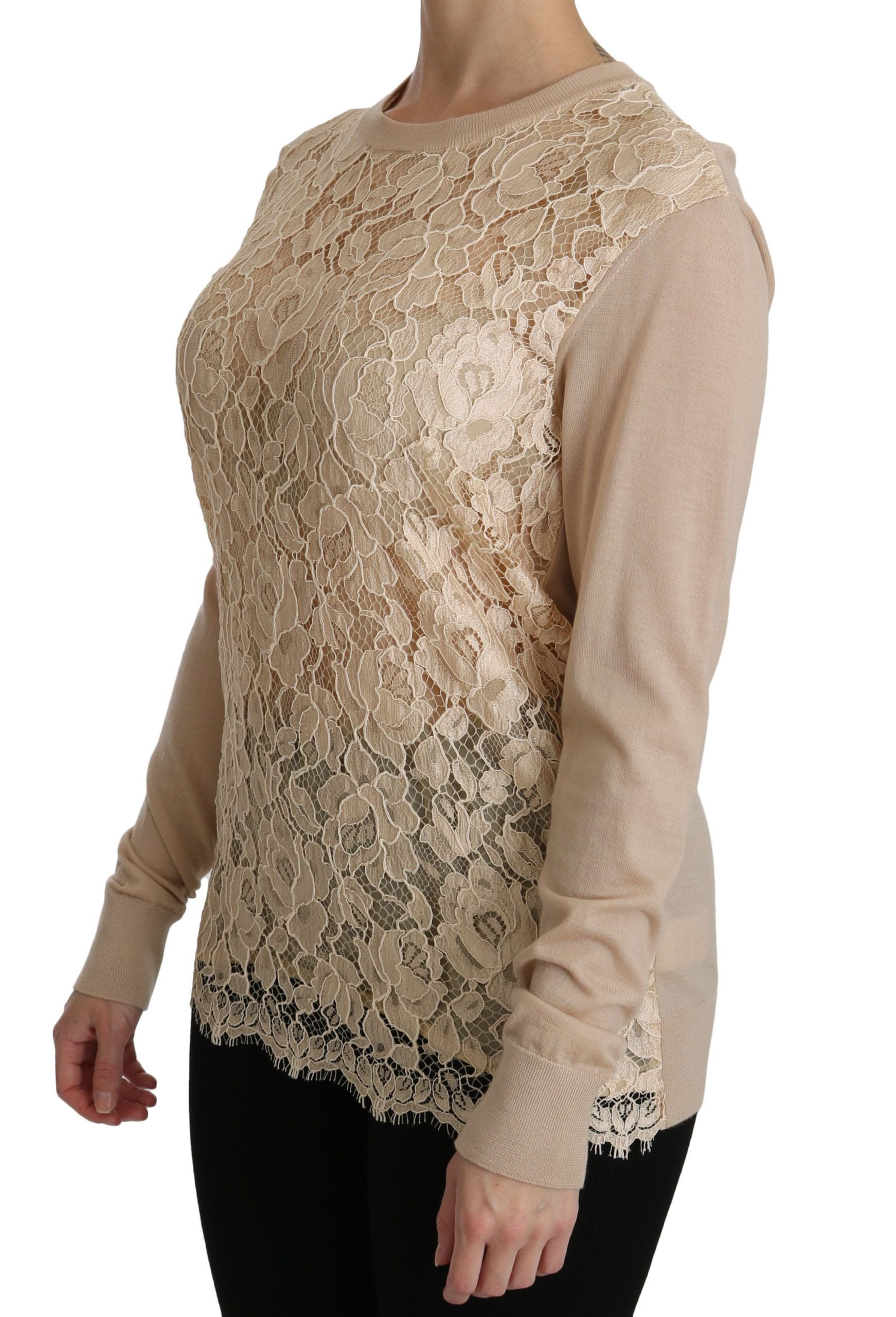 Elegante blusa de cachemira con cuello redondo y encaje beige