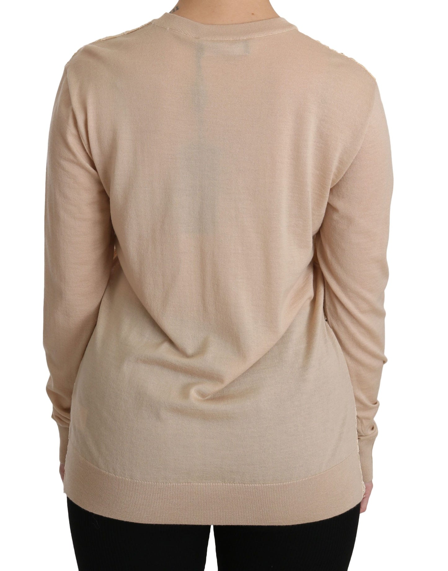 Elegante blusa de cachemira con cuello redondo y encaje beige