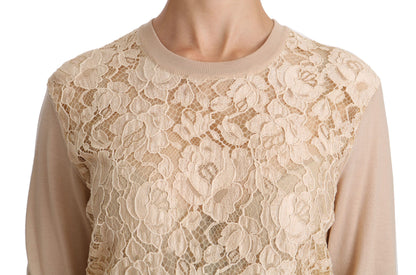 Elegante blusa de cachemira con cuello redondo y encaje beige