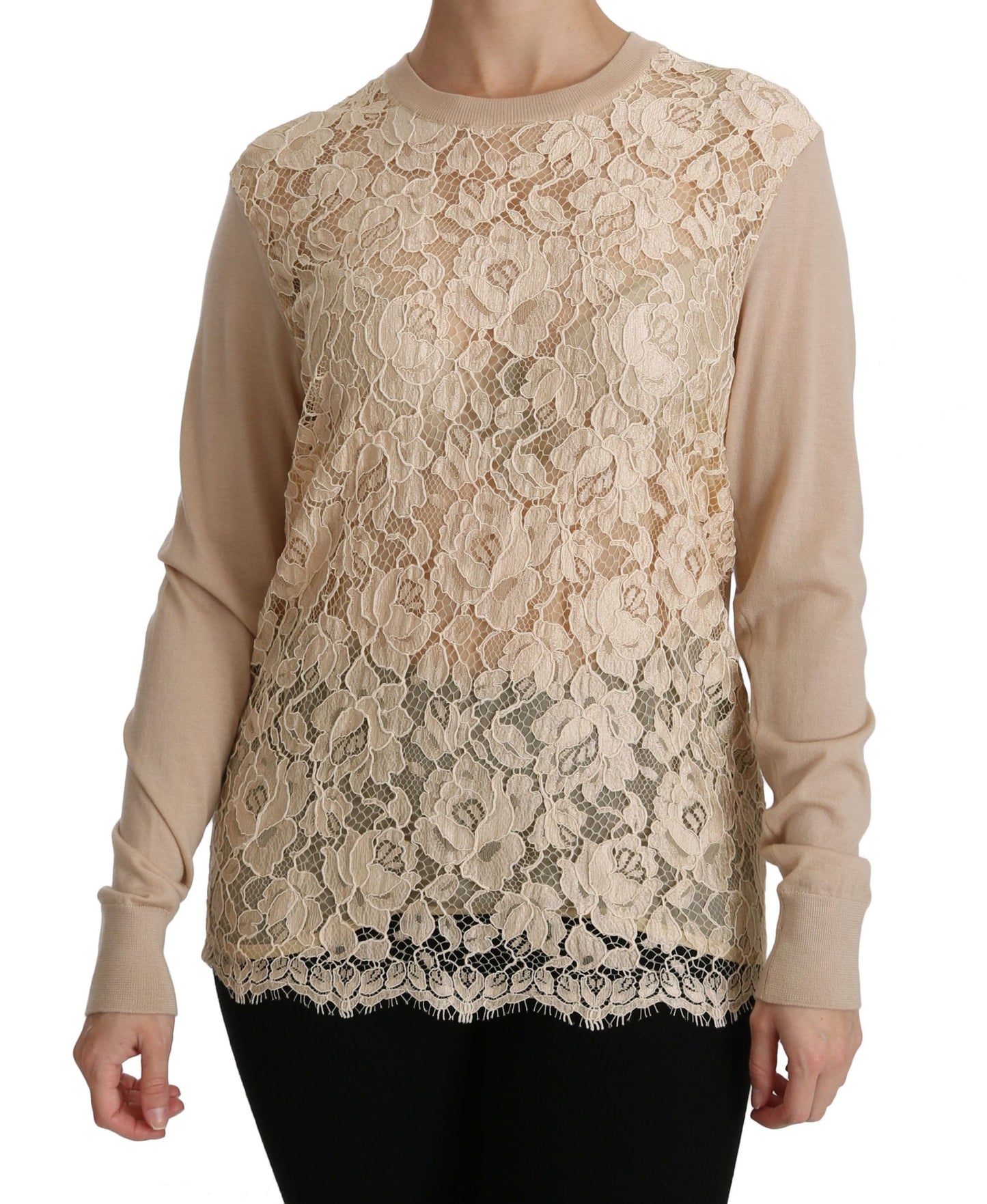 Elegante blusa de cachemira con cuello redondo y encaje beige