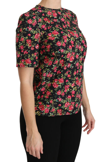 Elegante blusa de cuello redondo con estampado floral negro