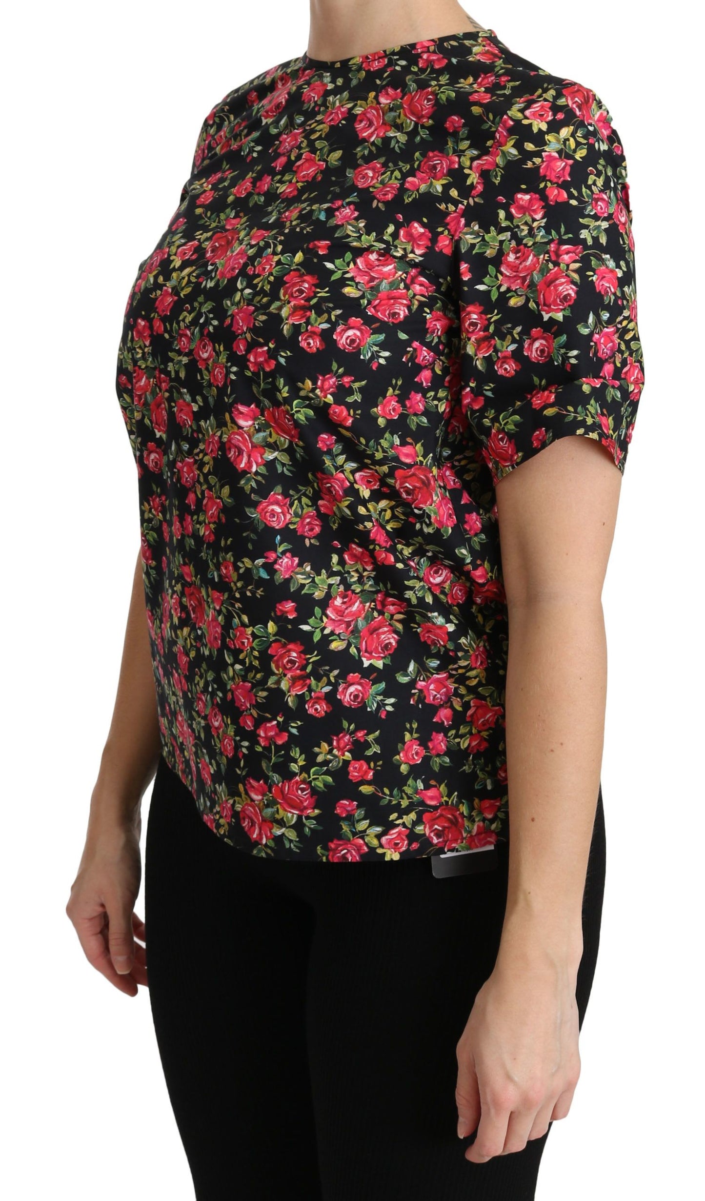 Elegante blusa de cuello redondo con estampado floral negro