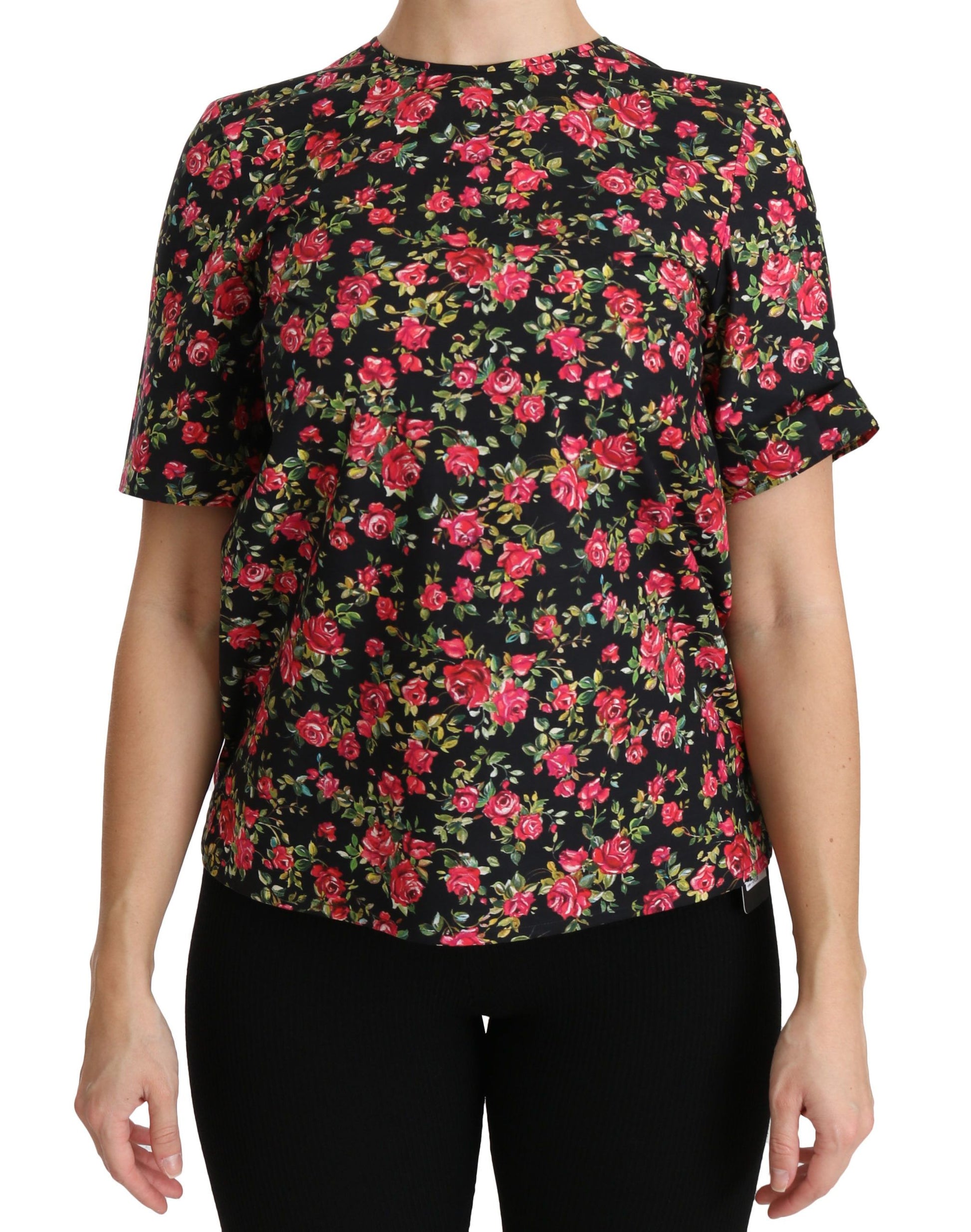 Elegante blusa de cuello redondo con estampado floral negro