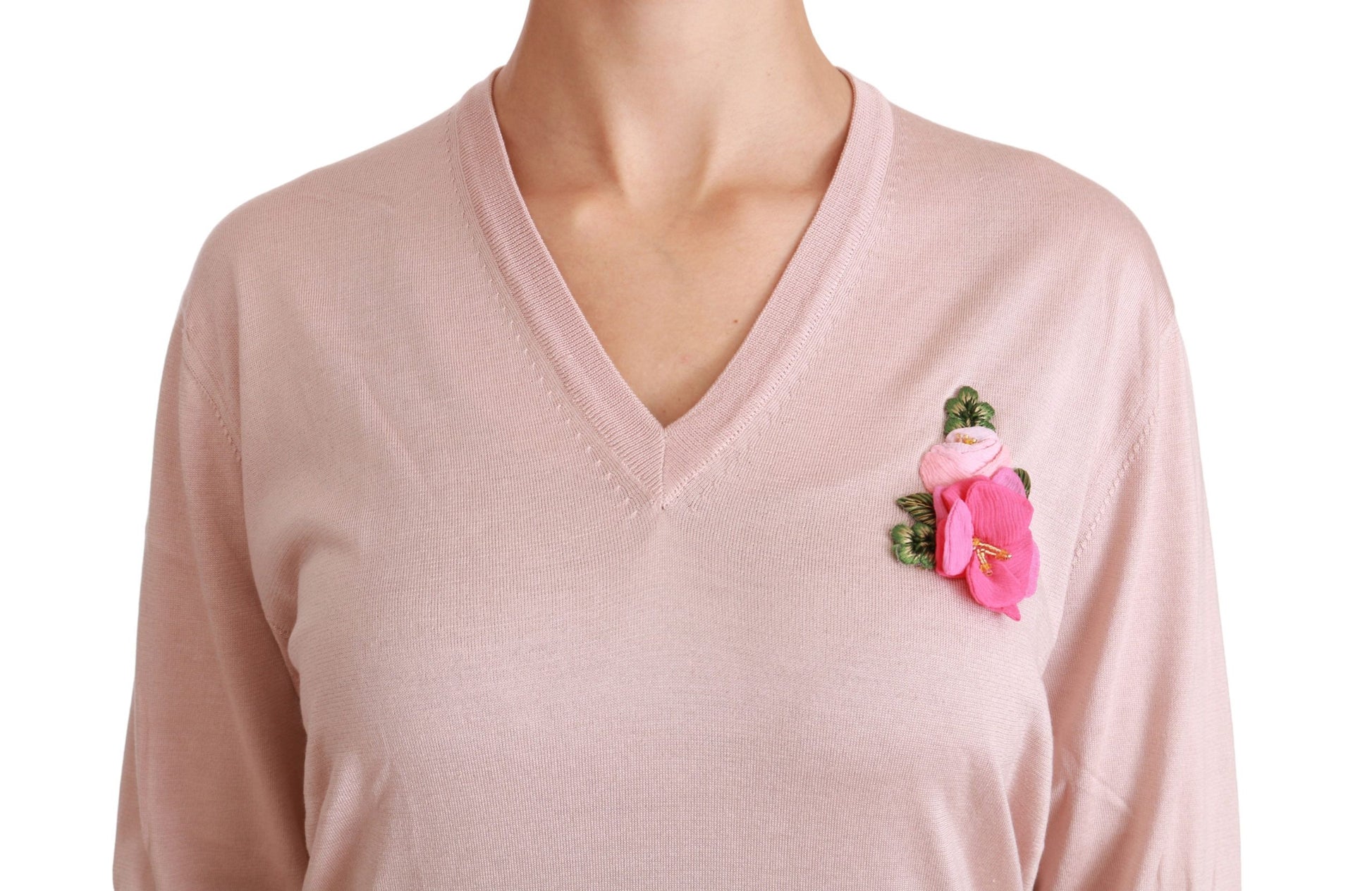 Suéter de seda con cuello en V y estampado floral rosa