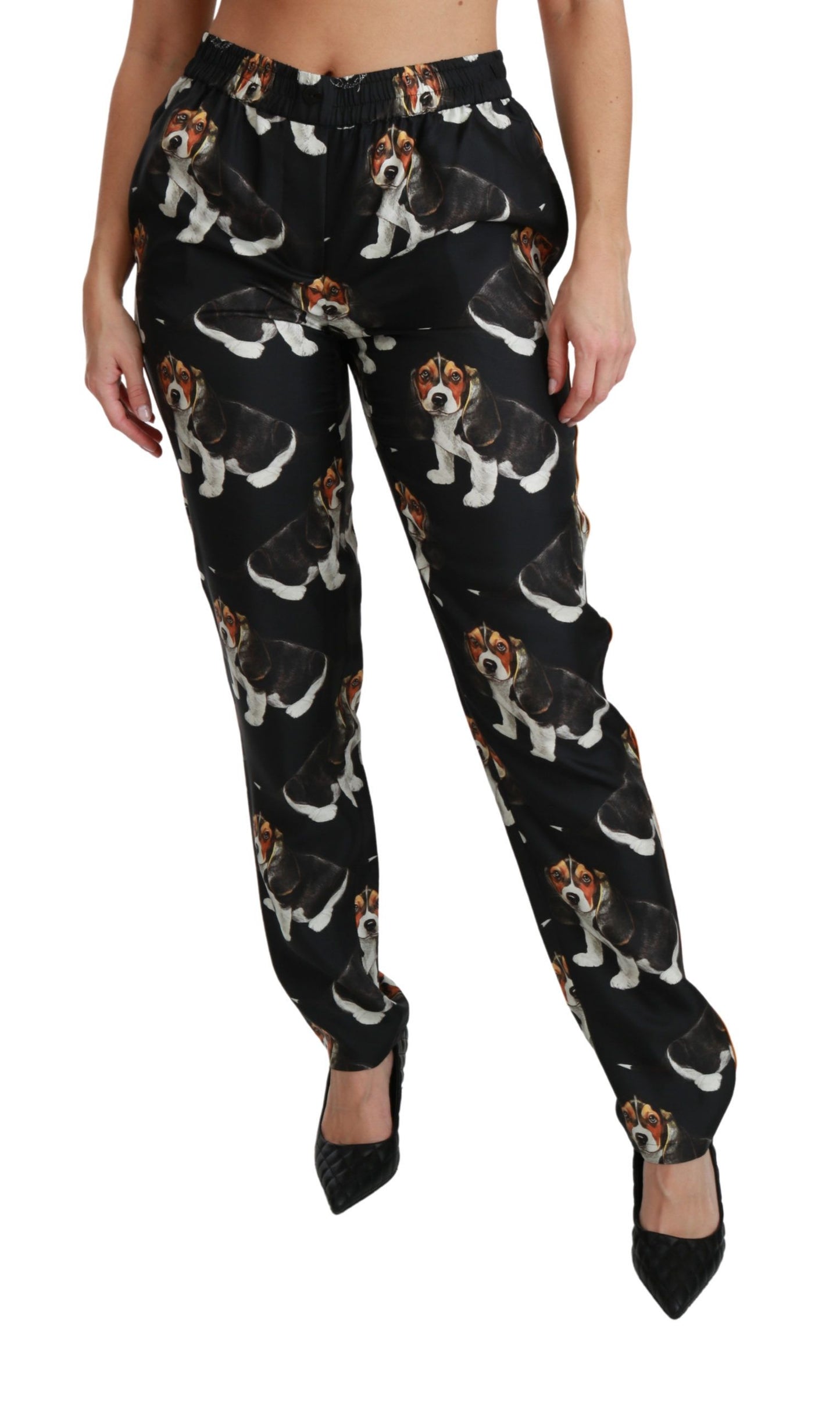 Pantalones elegantes de seda con estampado de cachorros