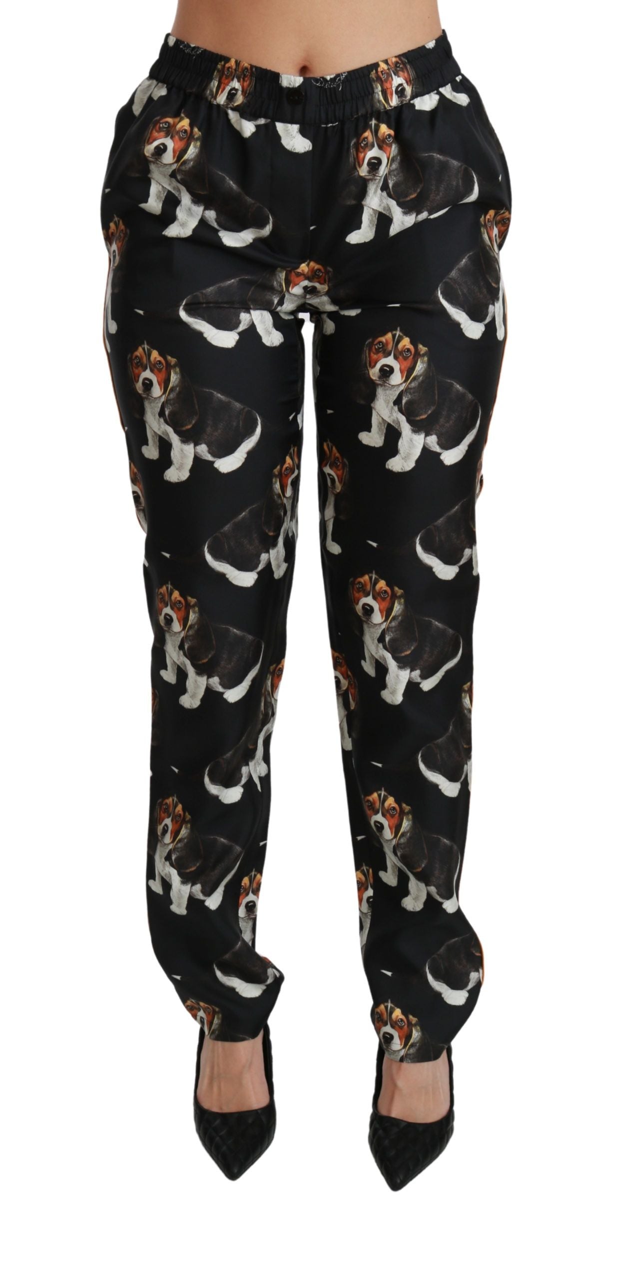 Pantalones elegantes de seda con estampado de cachorros