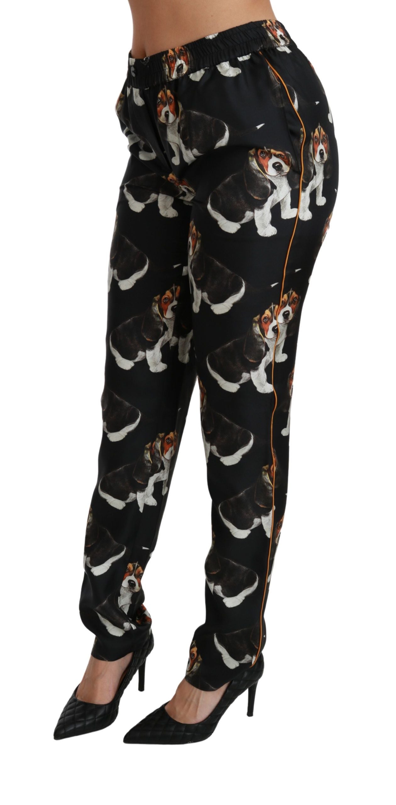 Pantalones elegantes de seda con estampado de cachorros