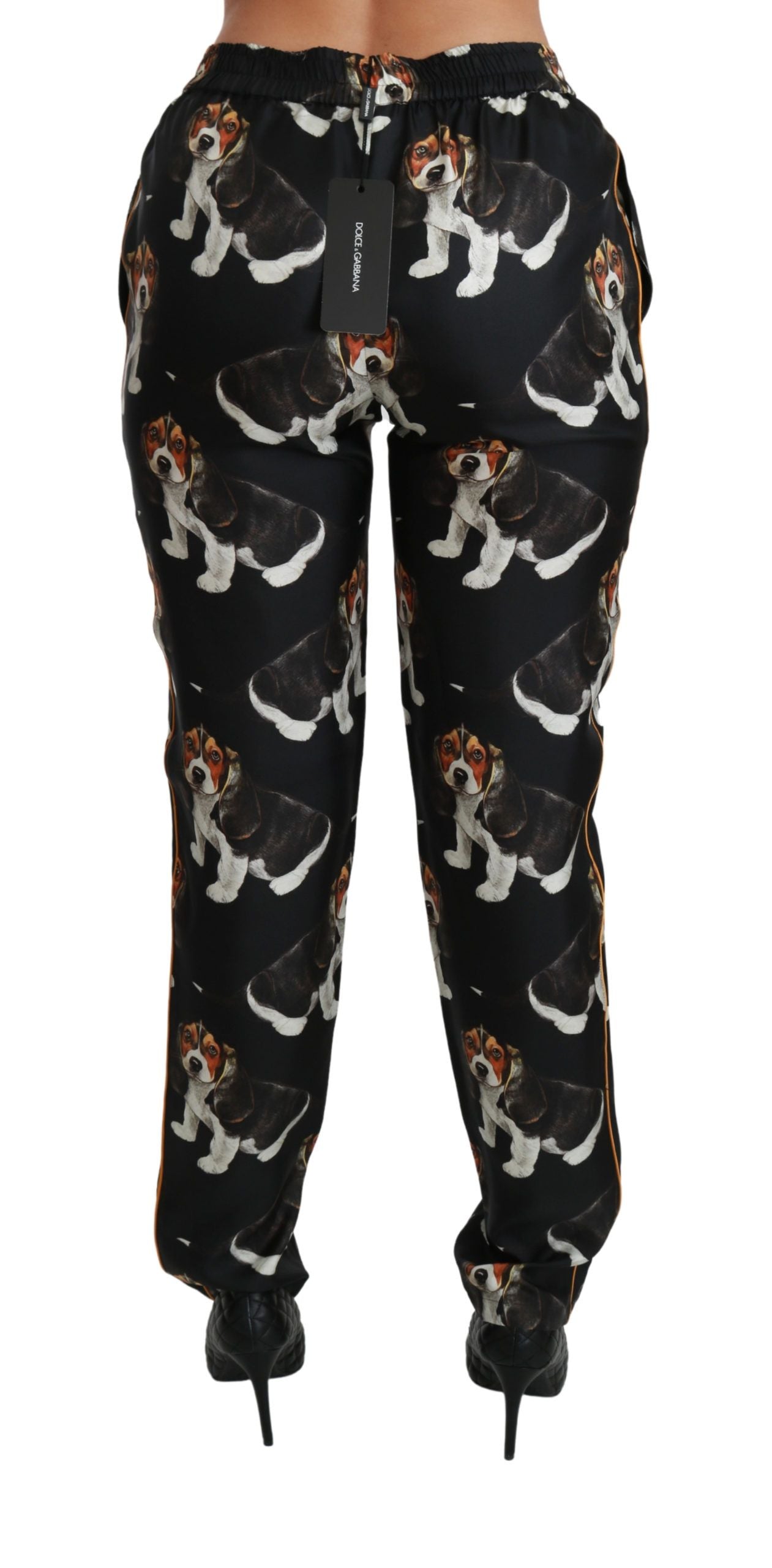 Pantalones elegantes de seda con estampado de cachorros