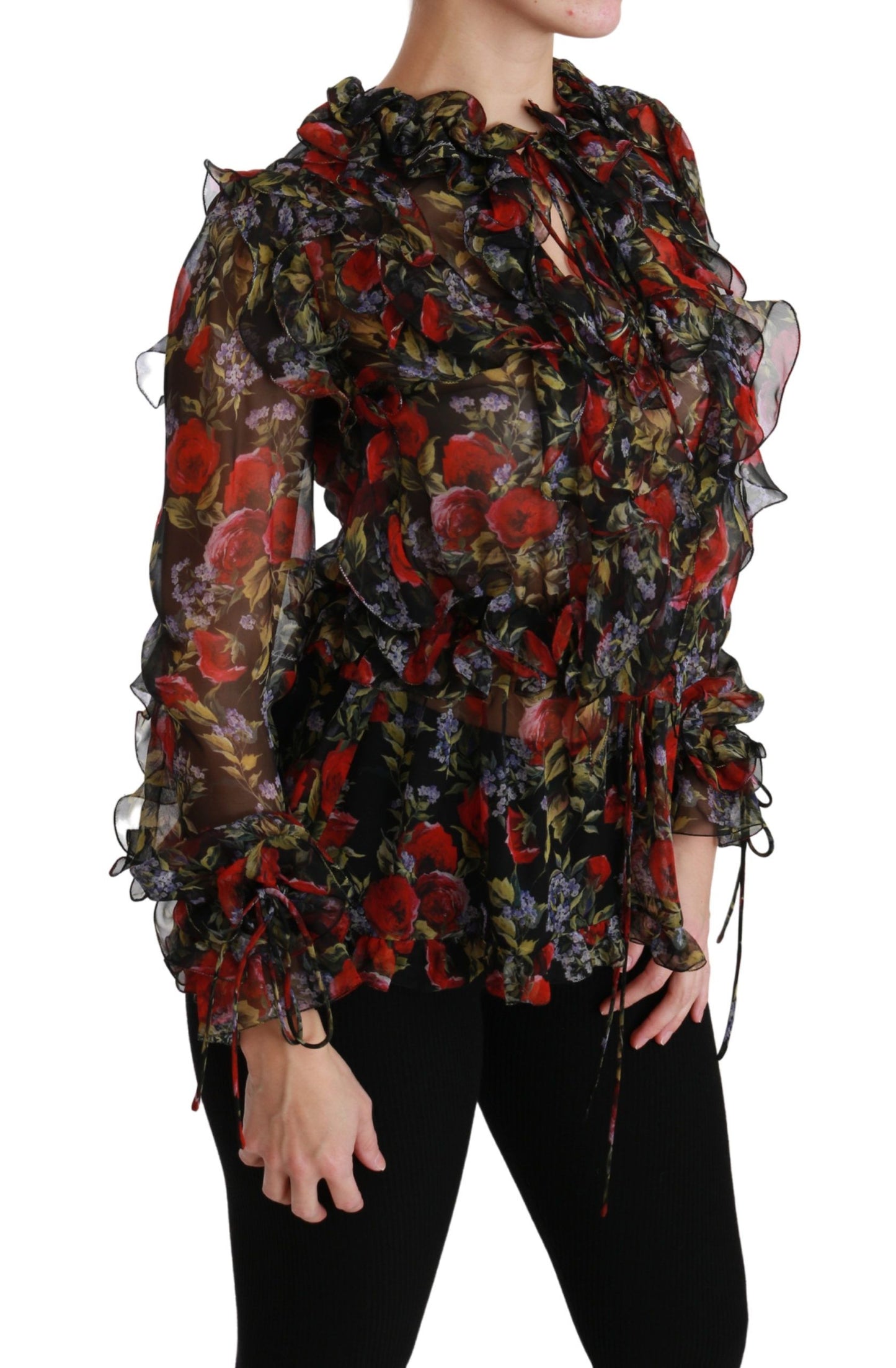 Elegante blusa de seda con mangas largas y estampado floral