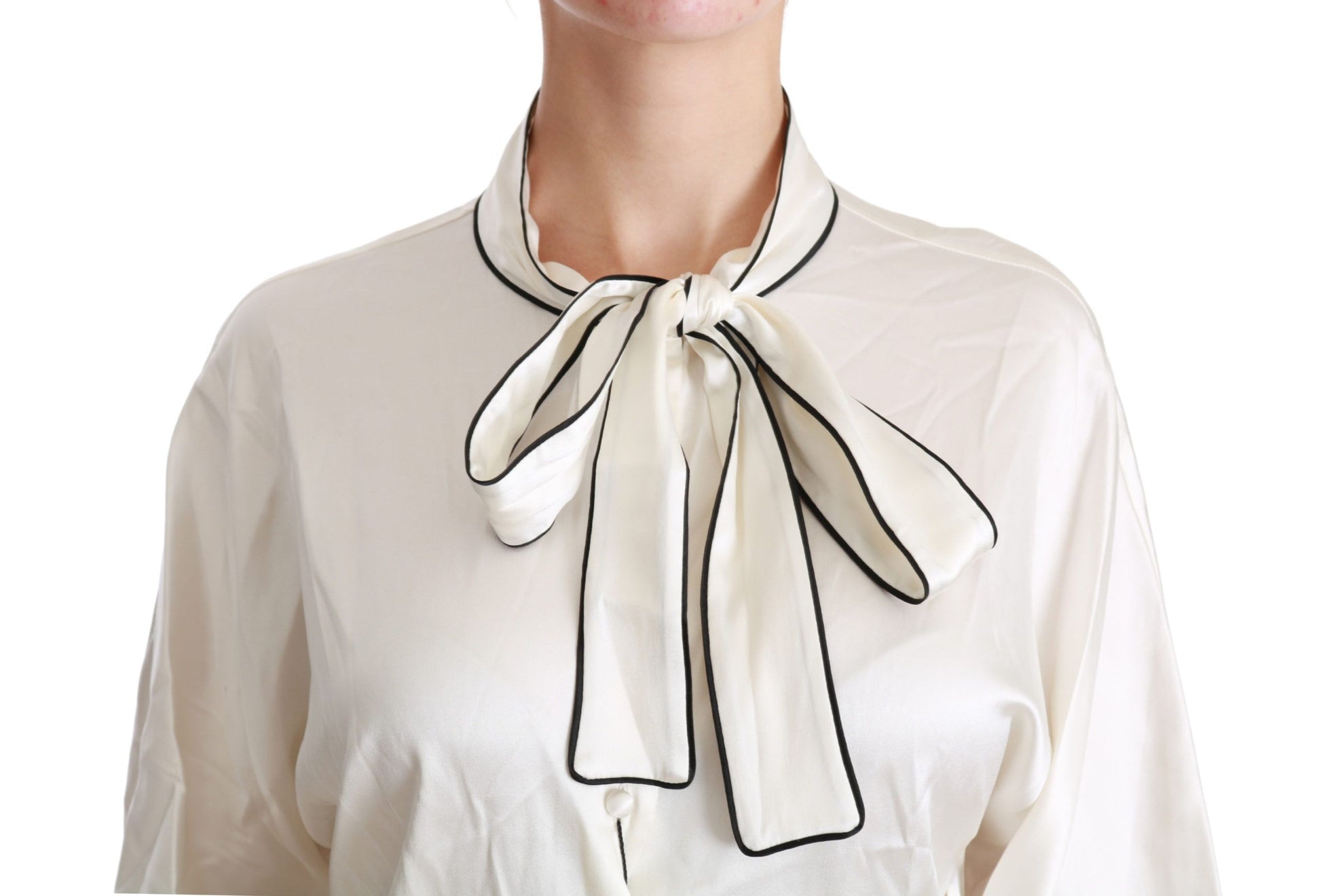 Elegant Beige Silk Blouse with Bow Scarf