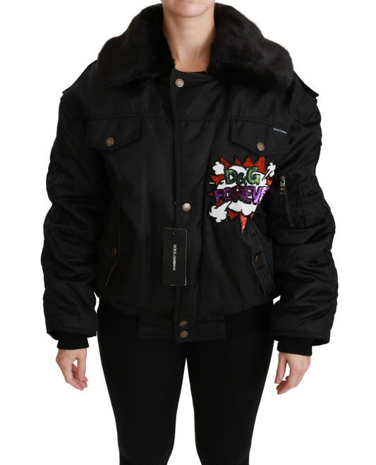 Elegante schwarze Bomberjacke mit abnehmbaren Details