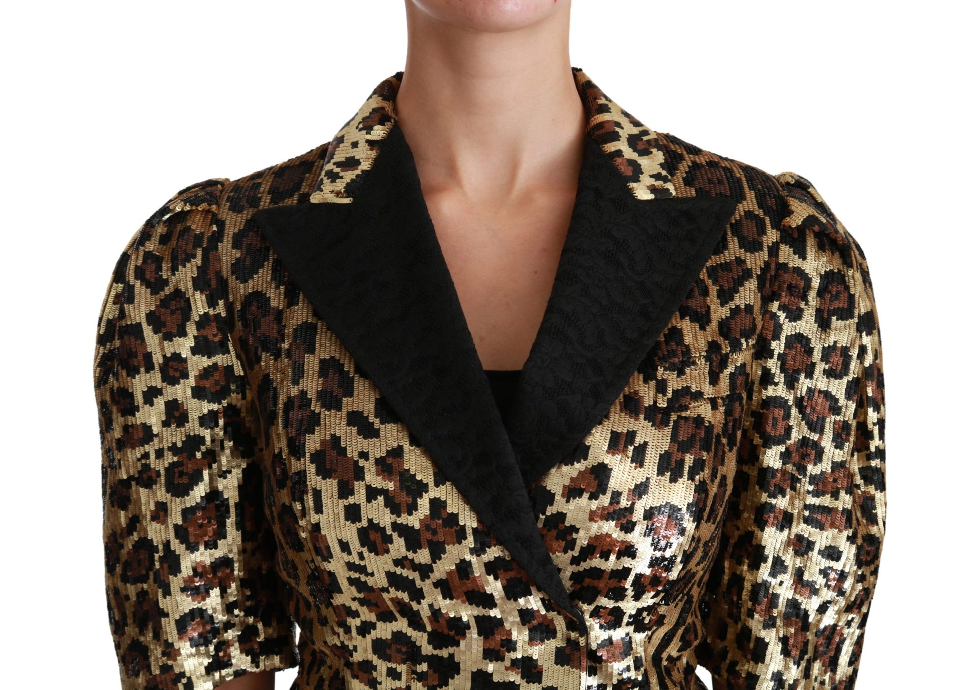 Goldener, kurzärmliger Blazer mit Leopardenmuster